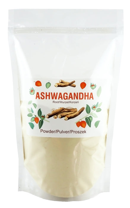 Eine versiegelte Verpackungstasche von Ashwagandha-Pulver auf einem neutralen Hintergrund.