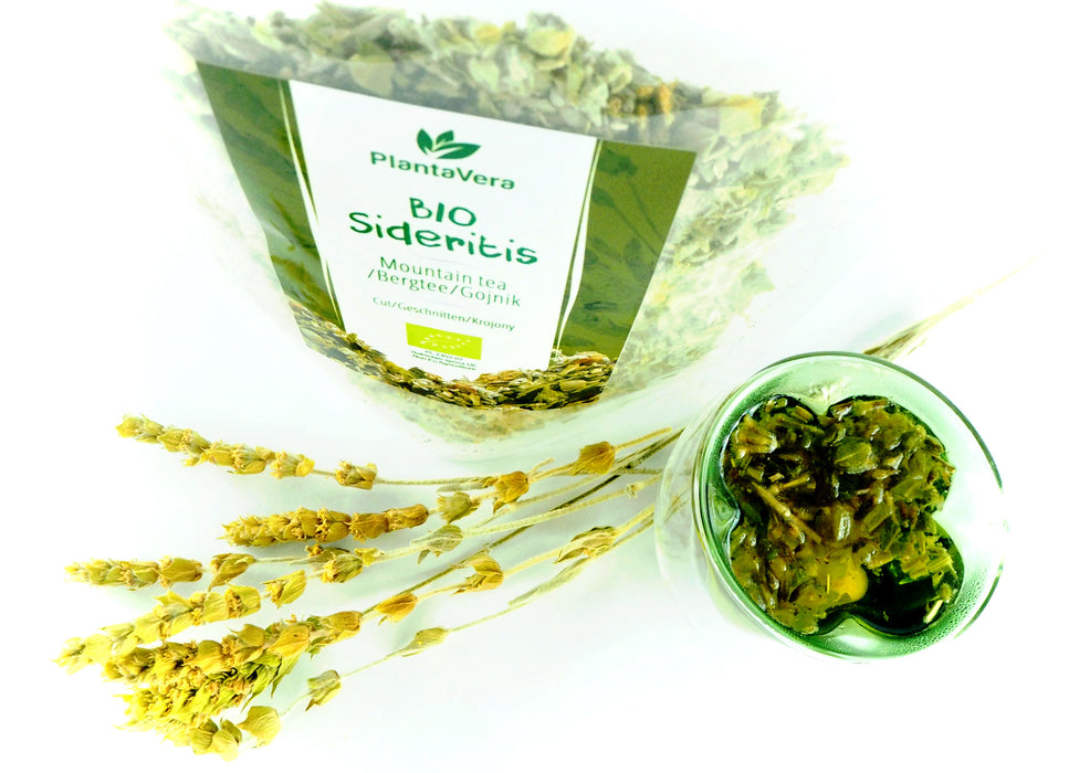 Verpackung von Bio-Sideritis auf weißem Hintergrund mit einem durchsichtigen Glas mit Tee und einem Glasbehälter mit getrockneten Kräutern