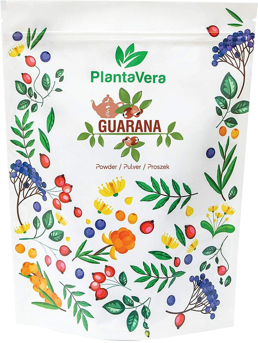 Packung Guarana-Pulver 1kg von PlantaVera auf weißem Hintergrund.