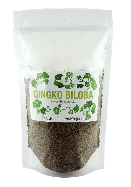 Verpackung von Ginkgo Biloba Tee Planta Vera mit sichtbaren Blättern, beschriftet mit mehrsprachigen Namen des Inhalts, isoliert auf weißem Hintergrund.