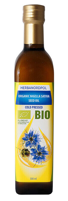 Flasche von Planta Vera Bio Schwarzkümmelöl mit Etikett, das die biologische Herkunft und kaltgepresste Methode der Nigella sativa Samen zeigt