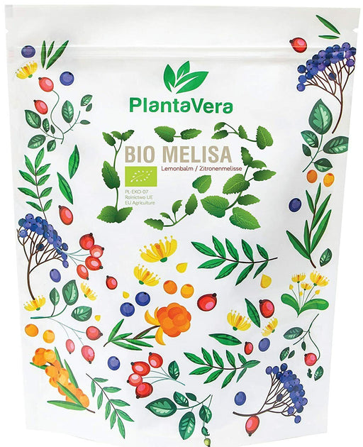 Vorderansicht der PlantaVera Bio-Zitronenmelisse-Verpackung, lebendiges Design mit Früchten und Blättern.
