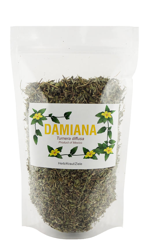 Verpackung von 500g Damiana Kraut, Turnera diffusa, stolz präsentiert als ein Produkt Mexikos mit lebendigen gelben Blüten auf der Etikette.