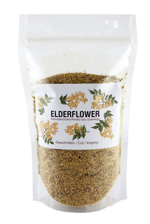 Verpackung von geschnittenem Holunderblütentee, beschriftet mit 'Elderflower', 'Holunderblüten' auf weißem Hintergrund.