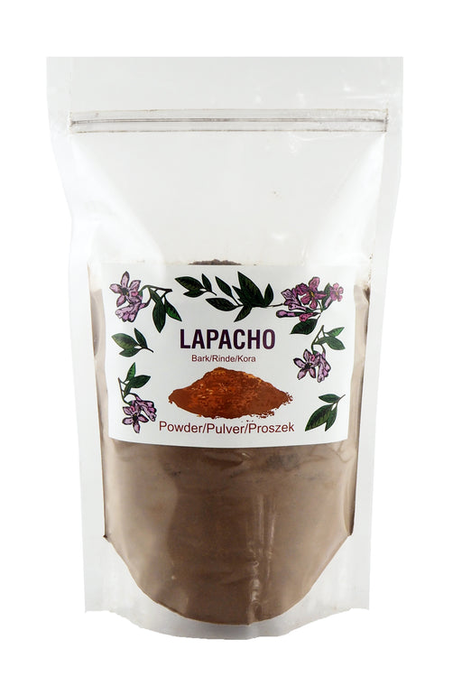 Versiegelte Verpackung mit Lapacho Pulver, beschriftet mit 'Powder/Pulver/Proszek', auf hellem Hintergrund.