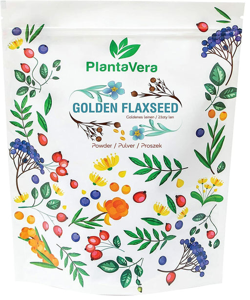 Verpackung von PlantaVera Goldenem Leinsamenpulver mit farbenfrohem, botanischem Design, das die natürlichen Zutaten hervorhebt.
