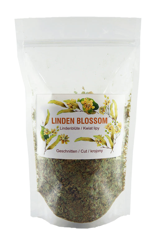 Verpackung von geschnittenem Lindenblütentee, Tilia cordata, Planta Vera bereit zum Verkauf, hervorragend für Liebhaber von natürlichen Teeprodukten.