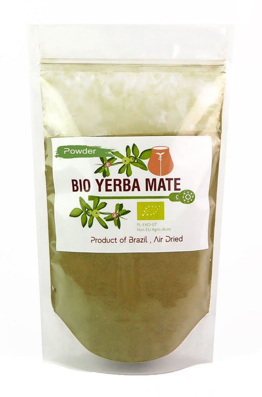 Verpackung von Bio Yerba Mate Pulver, nachhaltig in Brasilien angebaut und luftgetrocknet, 900g Packung.