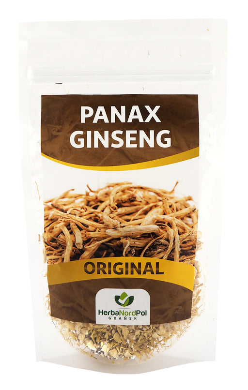 Verpackung von Original Panax Ginseng der Marke HerbaNordPol, hochwertige, ganze Wurzeln für Teezubereitung.