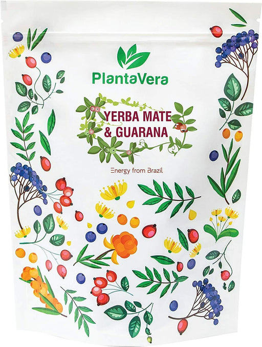 Packung mit Bio Yerba Mate & Guarana – Energie aus Brasilien, umgeben von farbenfrohen Früchten und Blumenillustrationen.