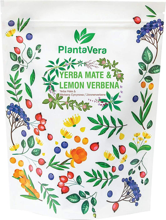 Verpackung von Yerba Mate Tee mit Zitronenverbene auf weißem Hintergrund