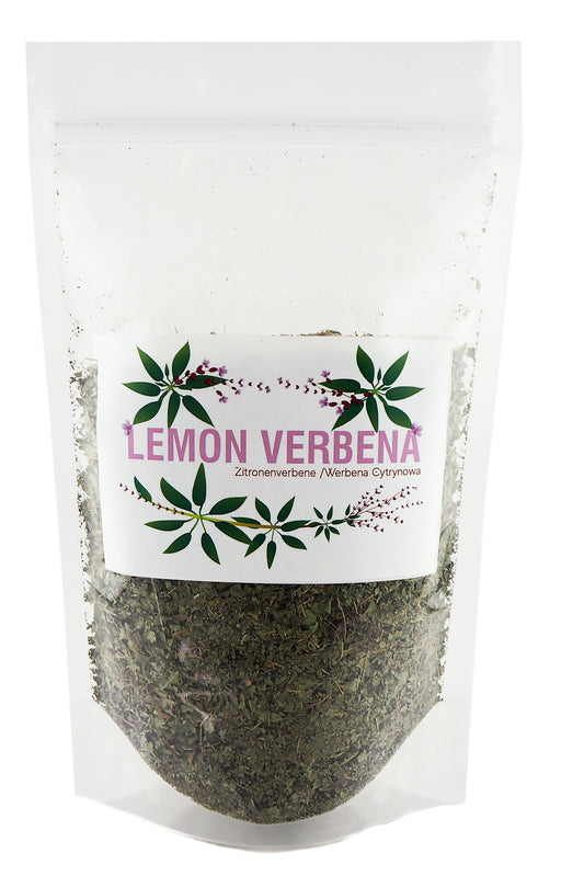 Verpackung von Zitronenverbene-Tee mit dem Aufdruck "LEMON VERBENA" und Darstellung der Pflanzenblätter und Blüten.