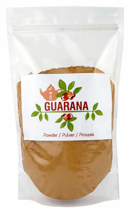 Verpackung von Guarana-Pulver, gekennzeichnet als reines Produkt ohne Zusatzstoffe, ideal für energiesteigernde Getränke.