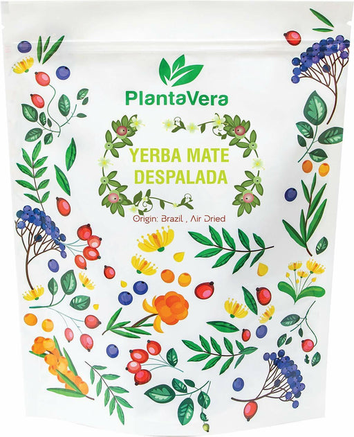 Verpackung von Plantavera Yerba Mate Despalada mit lebendigem Design, hervorgehoben durch die brasilianische Herkunft und das luftgetrocknete Verfahren.